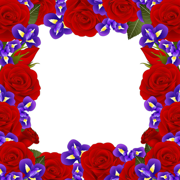 Red Rose and Iris Flower Frame Border. isolated on White Background. Vector Illustration. - Vector, Image