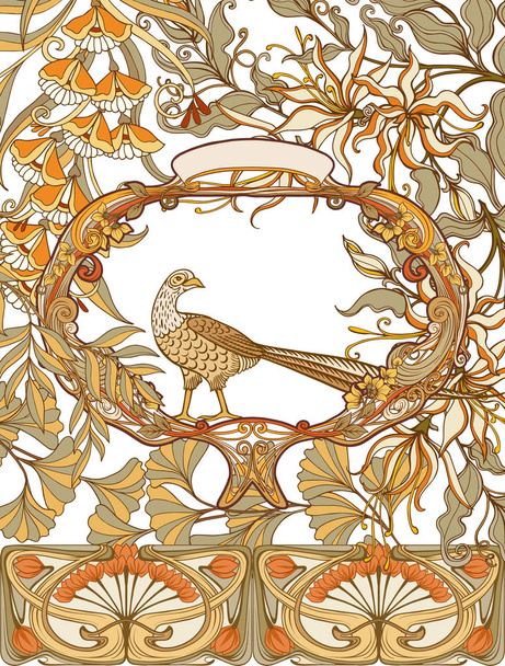 Poster, background with decorative flowers and bird in art nouveau style, vintage, old, retro style.  - Vettoriali, immagini