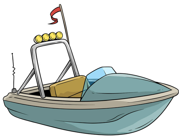 Desenhos animados pequeno barco a motor azul com bandeira
 - Vetor, Imagem