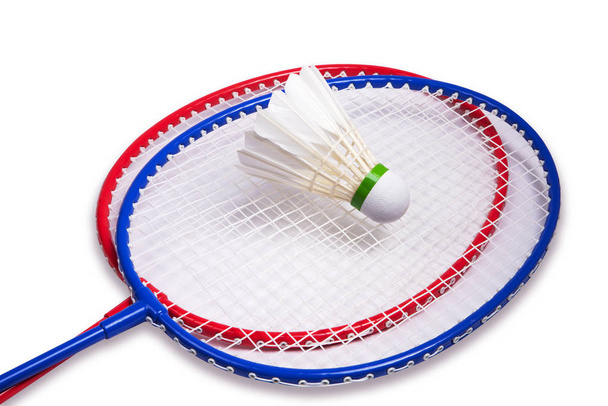 Badminton racket and shuttlecock isolated on white - Photo, Image