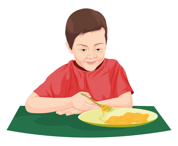 Vektorillustration des Jungen, der Nudeln isst. - Vektor, Bild