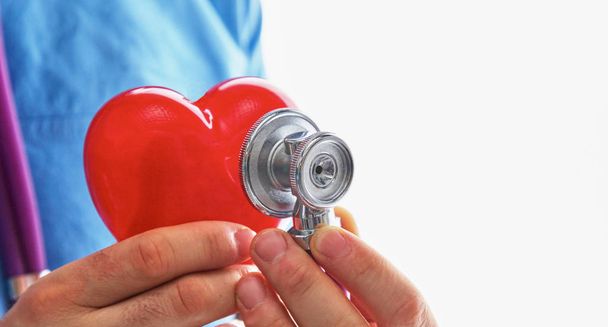 Jovem médico segurando um coração vermelho, no escritório
 - Foto, Imagem