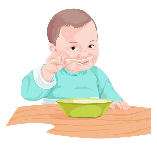 スプーンで食べ物を食べる少年のベクトル イラスト. - ベクター画像