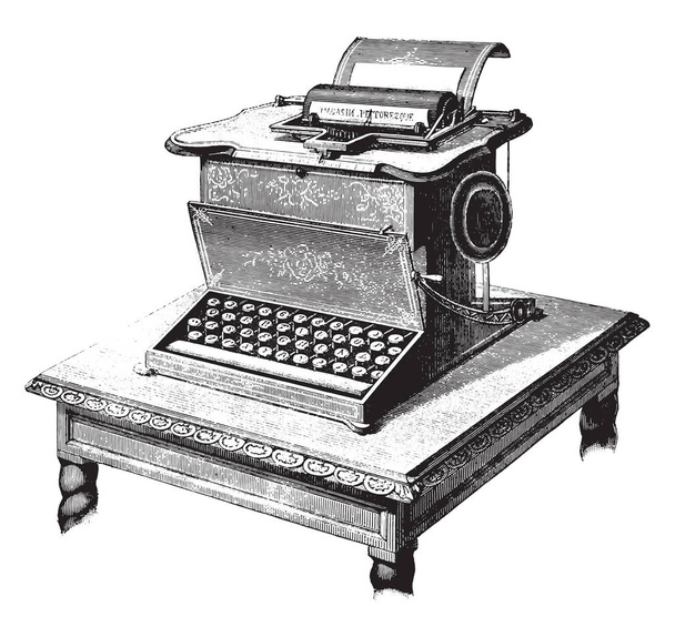 Máquina de escribir americana, ilustración grabada vintage. Magasin Pittoresque 1877
 - Vector, Imagen