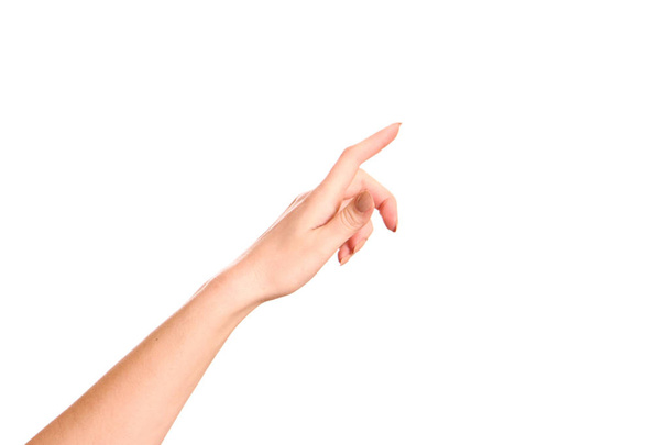 Die Hand der Frau berührt den virtuellen Bildschirm. Isoliert auf Weiß. - Foto, Bild