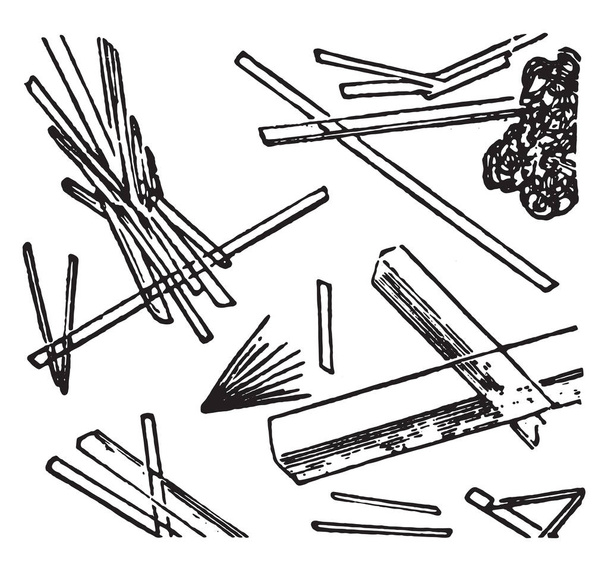 Calcium sulphate, elongated transparent needles or tablets, vintage engraved illustration - Вектор,изображение
