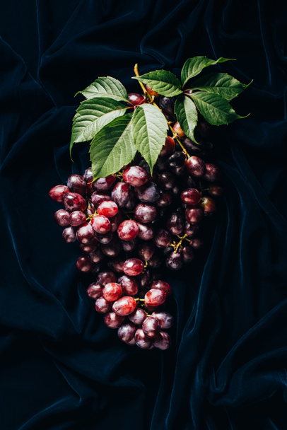 top view of fresh ripe juicy red grapes with green leaves on dark fabric - Φωτογραφία, εικόνα