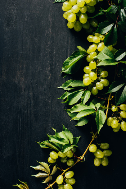 top view of fresh ripe white grapes and green leaves on black wooden background - Foto, afbeelding