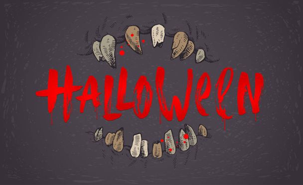 Halloween vector hand drawn illustration. Jaws of a monster and Greeting written by a brush - Vector, Imagen