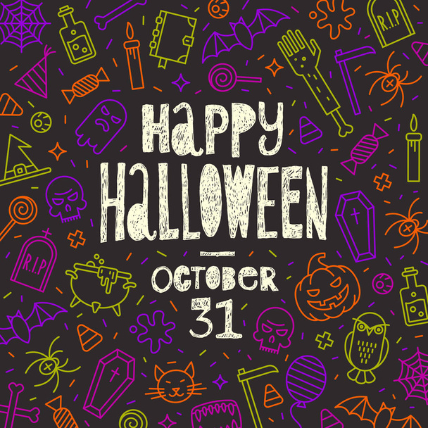 Halloween vector illustration. Hand drawn greeting on a background with outline halloween sign and symbols. - Vektor, Bild