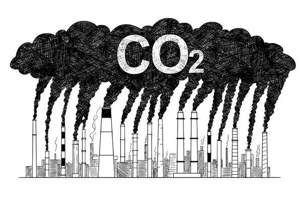 Vector Artistic Drawing Illustration of Smoking Smokestacks, Concept of Industry or Factory CO2 Air Pollution - Вектор,изображение