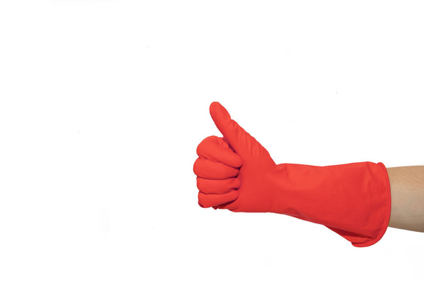 Logo czerwony gumowej rękawicy. Przeciągnij symbol z palcem w górę. Ciężki gest. Na białym tle nad białym tle - Zdjęcie, obraz