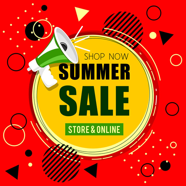 Luidspreker bord met zomer verkoop belettering. Banner winkelen in heldere kleuren. - Vector, afbeelding