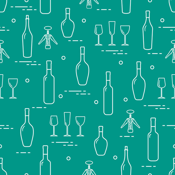 Seamless pattern of wine glasses, corkscrew, bottles of wine. Wine-making. Tasting. Sommelier. - Вектор, зображення