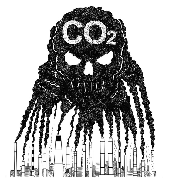 Vector Artistic Drawing Illustration of Smoke From Smokestacks Creating Human Skull, Concept of CO2 Air Pollution - Vector, Image