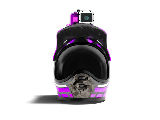 紫アクション カメラの前に 3 d でモダンな紫ヘルメットを影で白い背景にレンダリングします。 - 写真・画像