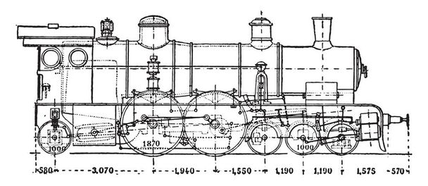 Krauss locomotive has axle auxiliary motor, vintage engraving. - Vector, Image