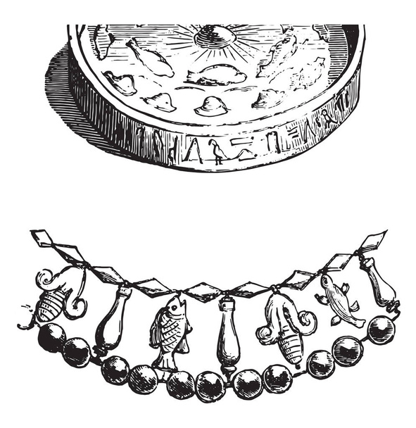 Ancient Egyptian gold and amber collar necklace,  found at the Louvre Museum. From Fine Arts Book, vintage engraving, 1880 - Vector, Image
