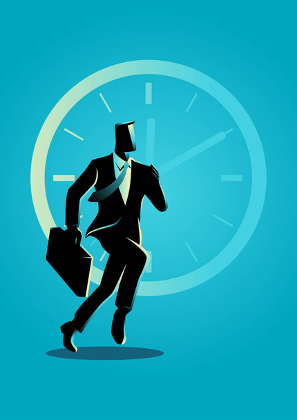 Business concept vector illustration of a businessman running on clock background - Vector, Image