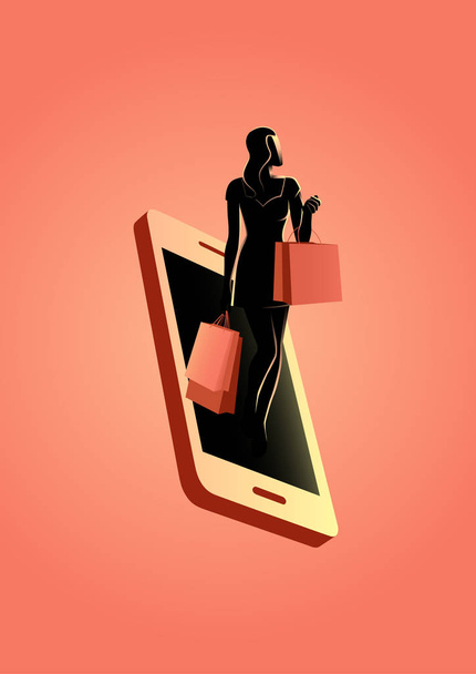 Vektoros illusztráció egy nő a bevásárló szatyrok kijön-ból sejtes telefon - Vektor, kép