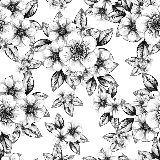 Seamless vintage style flower pattern. Floral elements in contour - Vettoriali, immagini