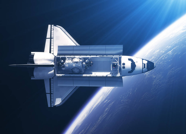 Space-Shuttle-Orbiter in den Lichtstrahlen - Foto, Bild
