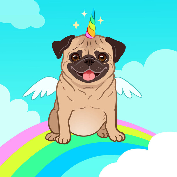 Unicorn pug dog with horn and wings vector cartoon illustration. Cute pug puppy in the sky with rainbow and clouds, smiling with tongue out. Humorous, magic, mythical creatures, believe in yourself. - Vector, Image
