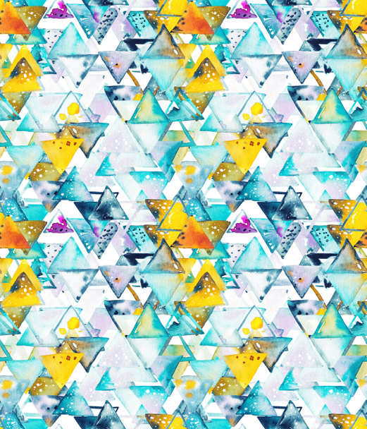 Seamless pattern with abstract geometric triangles in chaotic order. Watercolor spots, shapes, beautiful paint stains like cosmic nebula. Background for parties, holidays, birthdays. - Photo, Image