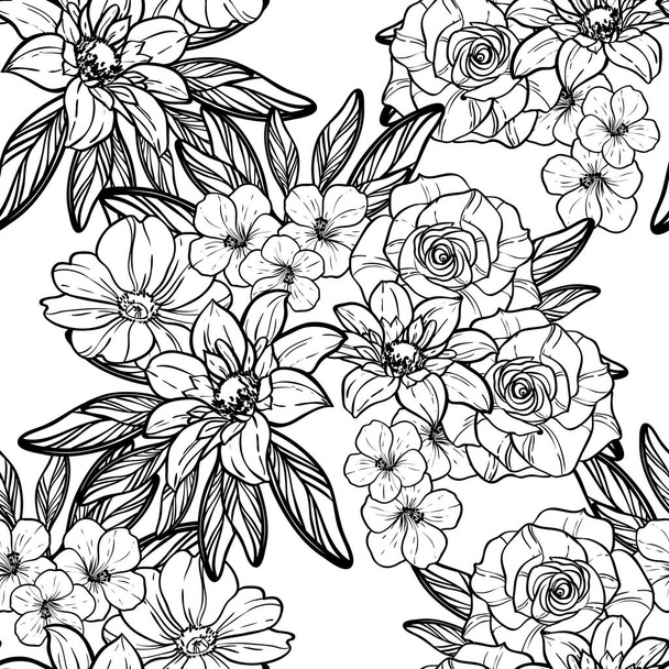Seamless vintage style flower pattern. Floral elements in contour - Vektori, kuva