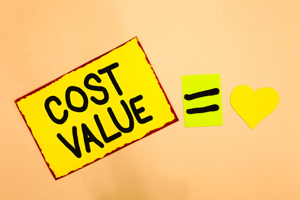 Conceptual hand writing showing Cost Value. Business photo text The amount that usualy paid for a item you buy or hiring a person Yellow paper reminder equal sign heart sending romantic feelings - Photo, Image