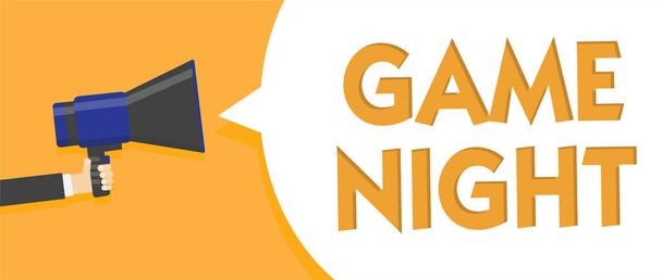 Szöveg jel mutatja a Game Night. Fogalmi fotó esemény, amelyben az emberek kap együtt céljából kaput ember tartja a megafon hangszóró beszéd buborék üzenet hangosan beszél - Fotó, kép