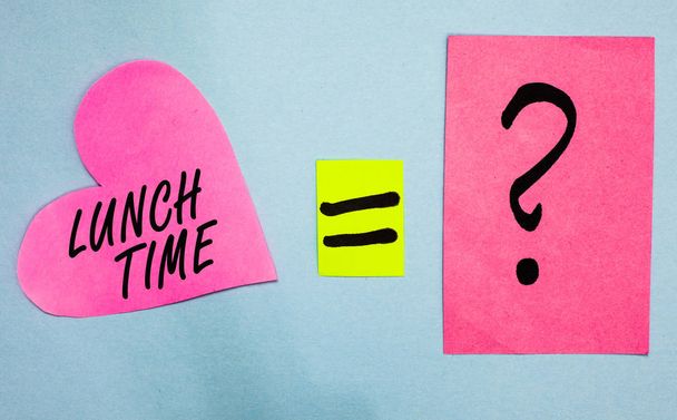Text sign showing Lunch Time. Conceptual photo Meal in the middle of the day after breakfast and before dinner Pink paper notes heart equal sign question mark important answer romantic - Photo, Image