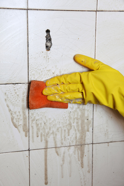Cleaning of dirty old tiles in a bathroom - 写真・画像