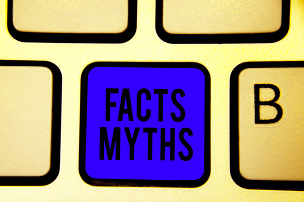 Text sign showing Facts Myths. Conceptual photo work based on imagination rather than on real life difference Keyboard blue key Intention create computer computing reflection document - Photo, Image