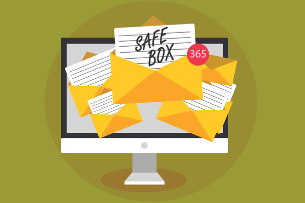 Conceptual hand writing showing Safe Box. Business photo text A small structure where you can keep important or valuable things Computer receiving emails messages envelopes with papers virtual - Photo, Image