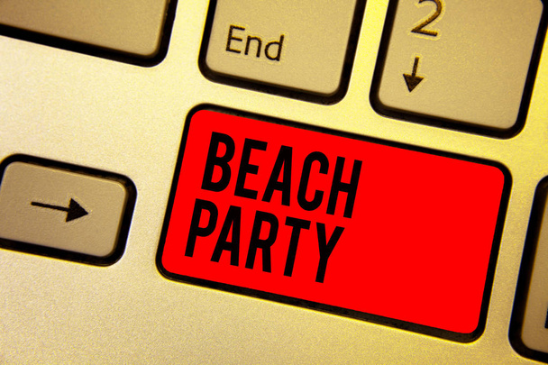 Handwriting text writing Beach Party. Concept meaning small or big festival held on sea shores usually wearing bikini Keyboard red key Intention create computer computing reflection document - Photo, Image