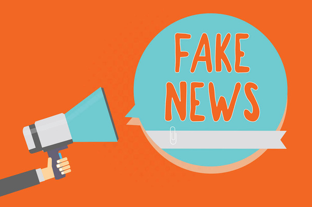 Conceptual hand writing showing Fake News. Business photo showcasing Giving information to people that is not true by the media Man holding megaphone blue speech bubble orange background - Photo, Image