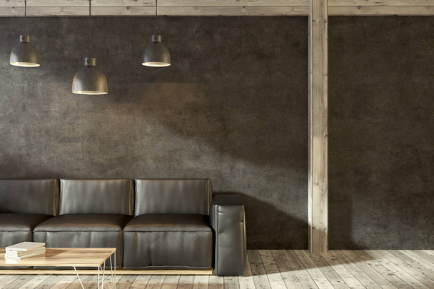 Черный минималистичный интерьер гостиной с деревянным полом, черный кожаный диван, стоящий рядом с журнальным столиком и тремя стильными потолочными лампами. 3D рендеринг макет
 - Фото, изображение
