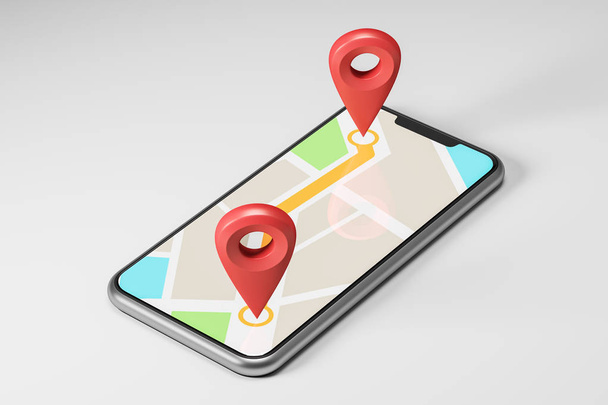 Schematic bright map with two large red pointers showing the route and destination point on a smartphone screen. Concept of navigation, finding your goal and GPS. 3d rendering mock up - Fotoğraf, Görsel