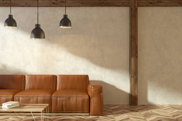 Intérieur minimaliste beige avec un plancher en bois, un canapé en cuir marron debout à côté d'une table basse et trois plafonniers élégants. Modélisation de rendu 3d
 - Photo, image