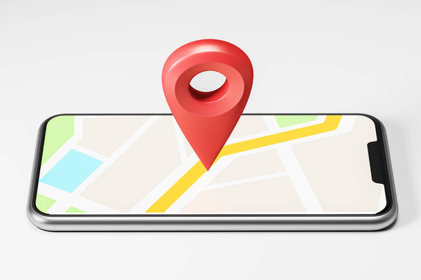 Bright map with a large red pointer in the centre showing the route and destination point on the smartphone screen. Concept of navigation, finding your goal and GPS. 3d rendering mock up - Fotoğraf, Görsel