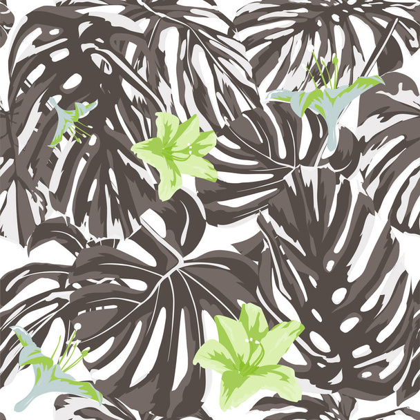 Tropical Print. Jungle Seamless Pattern. Vector Tropic Summer Motif with Hawaiian Flowers.  - Vektör, Görsel