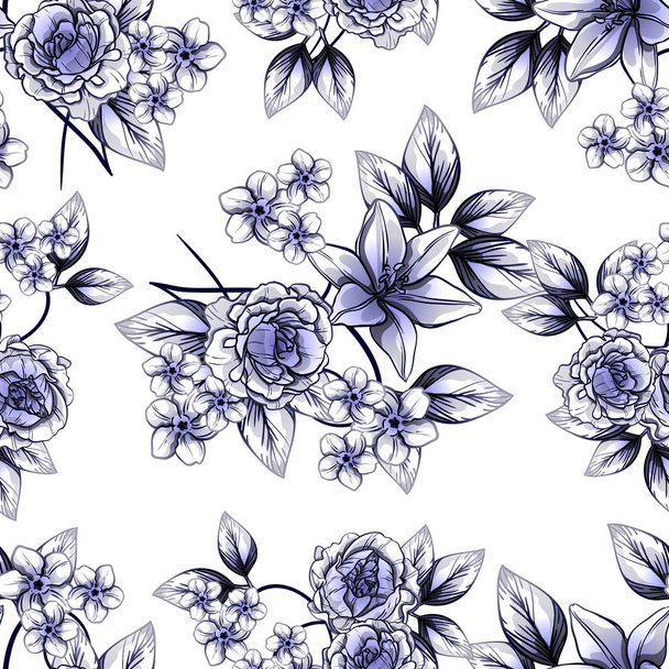 Seamless vintage style flower pattern. Floral elements in contour - Vector, imagen
