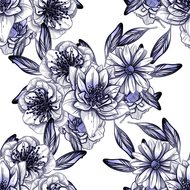 Modèle de fleur de style vintage sans couture. Éléments floraux dans le contour
 - Vecteur, image