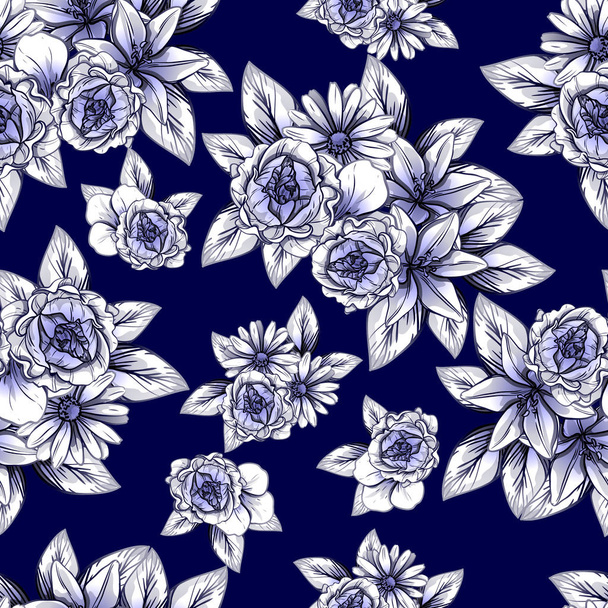 Seamless vintage style flower pattern. Floral elements in contour - Vecteur, image