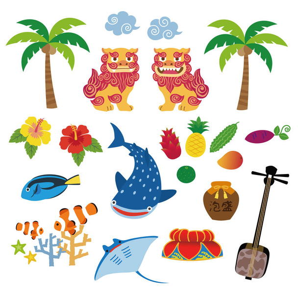 Окінавской ілюстрації з місцевих спеціальності, Shisa, тропічні фрукти китова акула гибискуса, Дерево пальми, coral, Тропічна риба, Манта, капелюх, прикрашені квітка, sanshin; Окінавські традиційні три струнного інструменту - Вектор, зображення