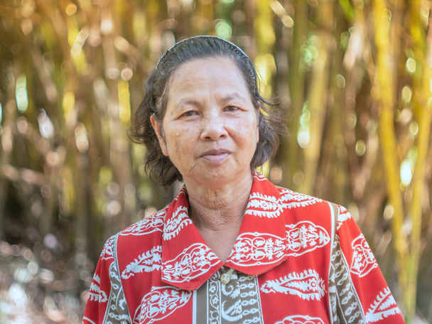 Lähikuva vanha thaimaalainen nainen muotokuva hymyilevät kasvot puutarhassa, bokeh bambu taustalla
 - Valokuva, kuva