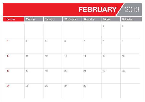 Φεβρουαρίου 2019 γραφείο ημερολόγιο διανυσματικά εικονογράφηση, απλή και καθαρή σχεδιασμός.  - Διάνυσμα, εικόνα