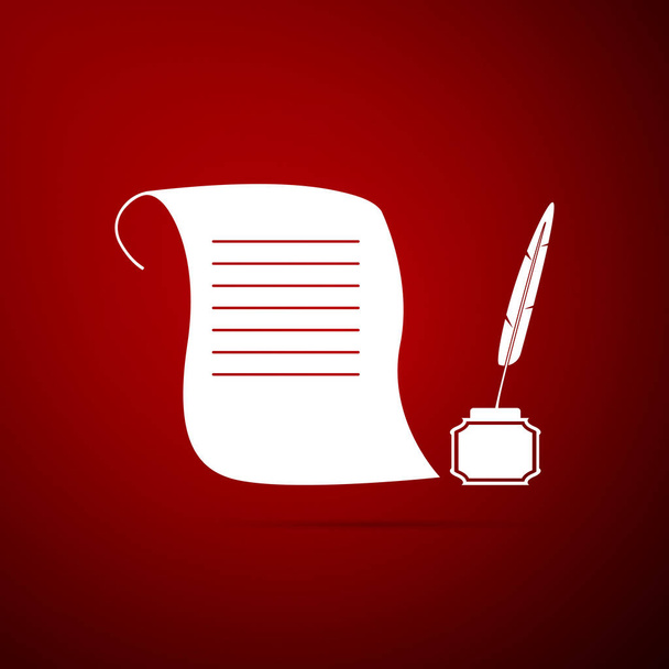 Feder im Tintenfass und Papierrollensymbol isoliert auf rotem Hintergrund. flache Bauweise. Vektorillustration - Vektor, Bild