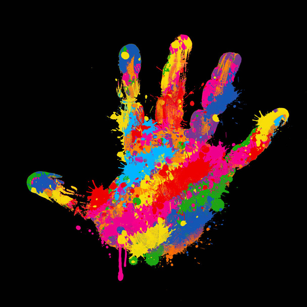 Huella de mano colorida sobre fondo negro, ilustración vectorial
  - Vector, imagen